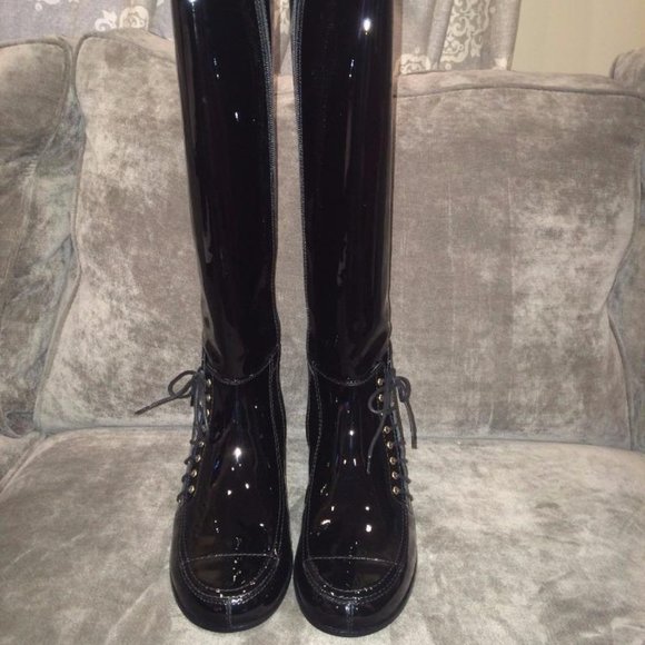 CHANEL 15A Patent Calf Leather Knee High Tall Lace Up Boots Shoes - Picture 11 of 16